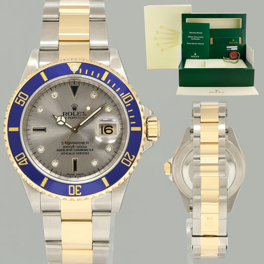 2008 PAPERS Rolex Submariner 16613 Two Tone Yellow Gold Silver Serti Diamond Watch