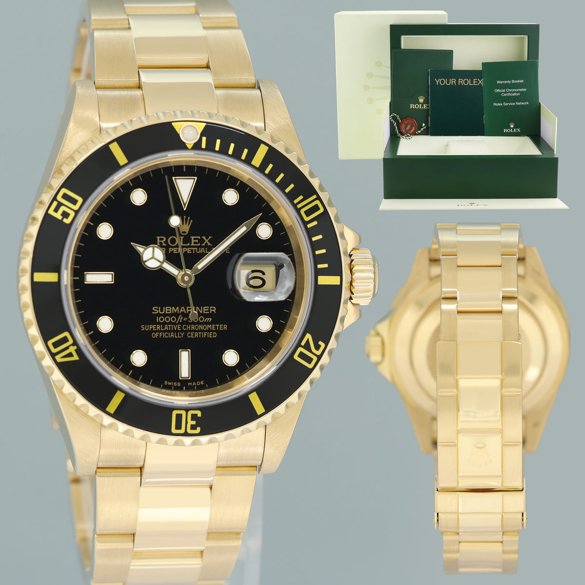 2002 MINT Rolex 16618LN Submariner 18k Yellow Gold Black Dial 40mm No Hole Case Watch