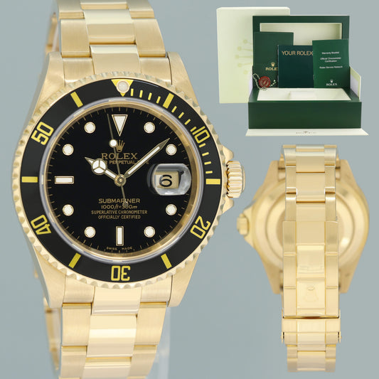 2002 MINT Rolex 16618LN Submariner 18k Yellow Gold Black Dial 40mm No Hole Case Watch