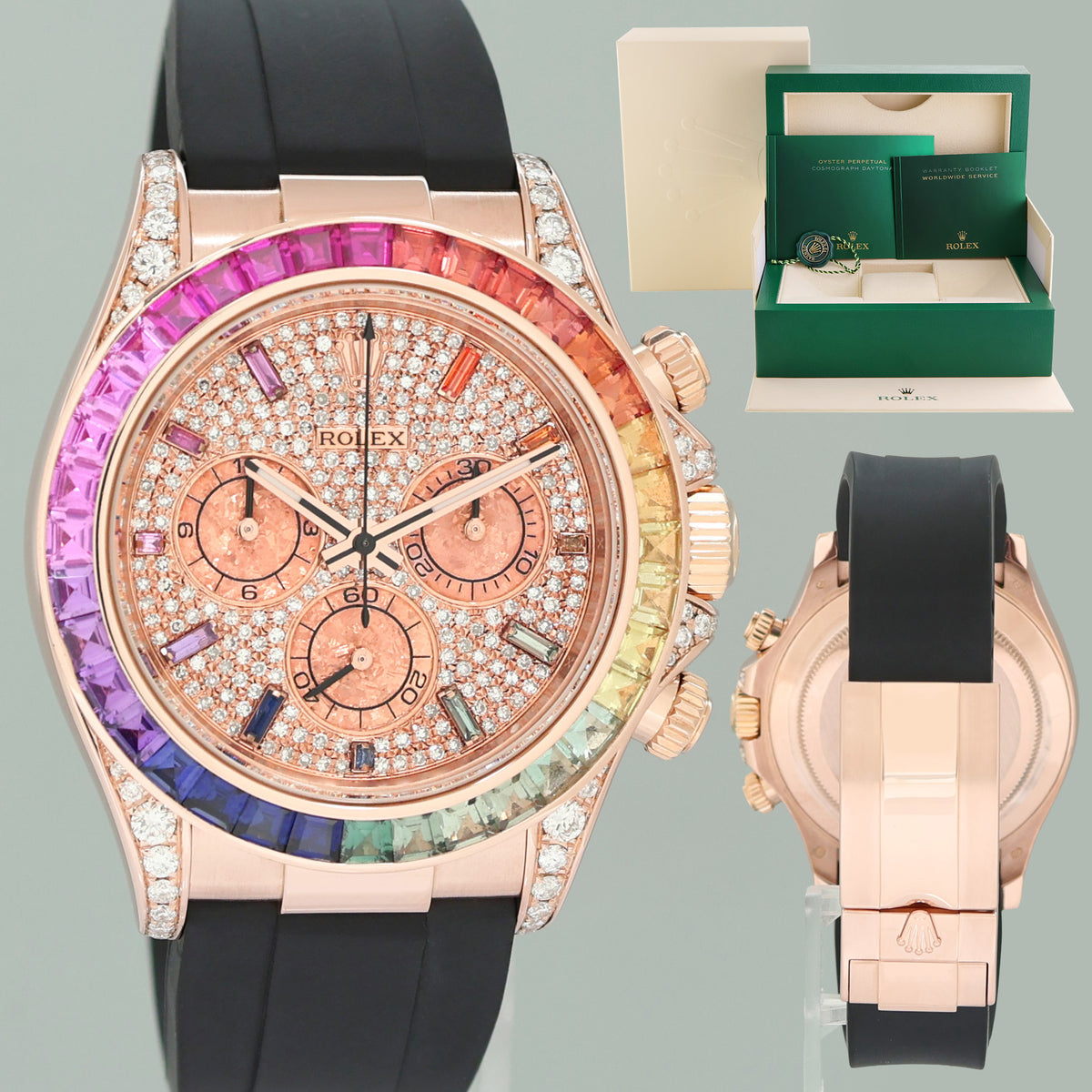 MINT Rolex 116515LN RAINBOW Daytona Rose Gold Pave Diamond Sapphire Watch Box