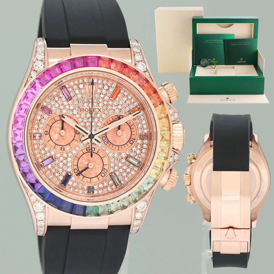 MINT Rolex 116515LN RAINBOW Daytona Rose Gold Pave Diamond Sapphire Watch Box