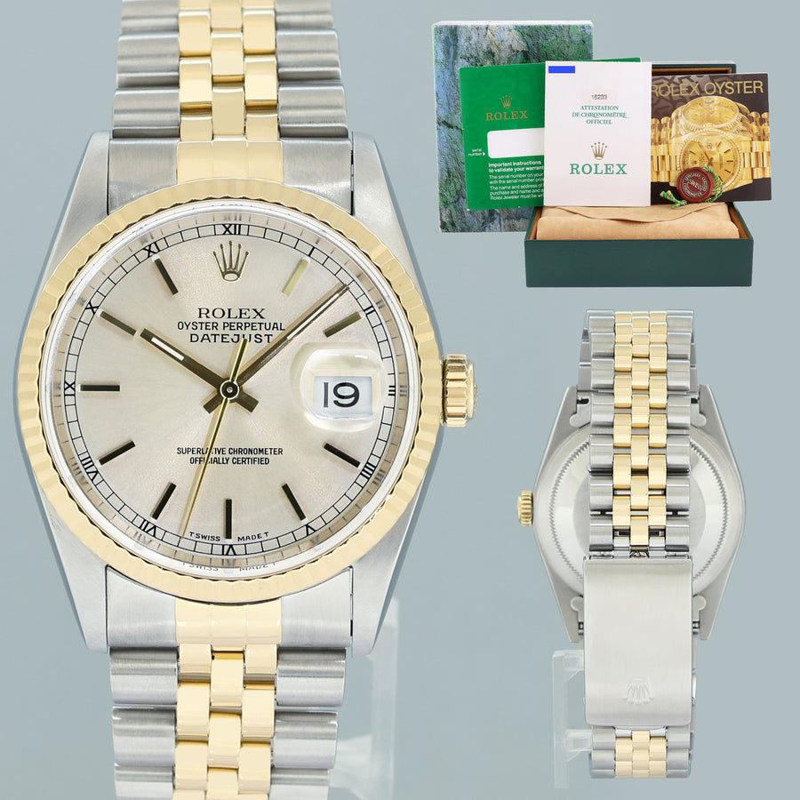1998 PAPERS MINT Rolex DateJust 36mm Silver Stick 16233 Two Tone Steel Jubilee Watch Box