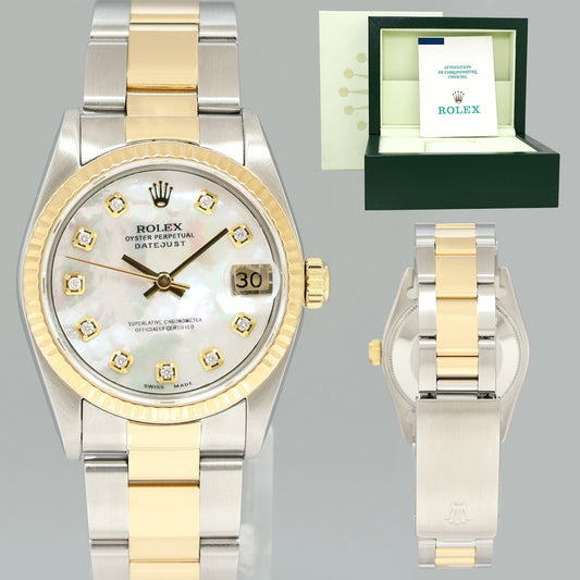PAPERS MINT Ladies Rolex 68273 Two Tone Yellow Gold Steel 31mm Pearl Diamond Oyster Watch