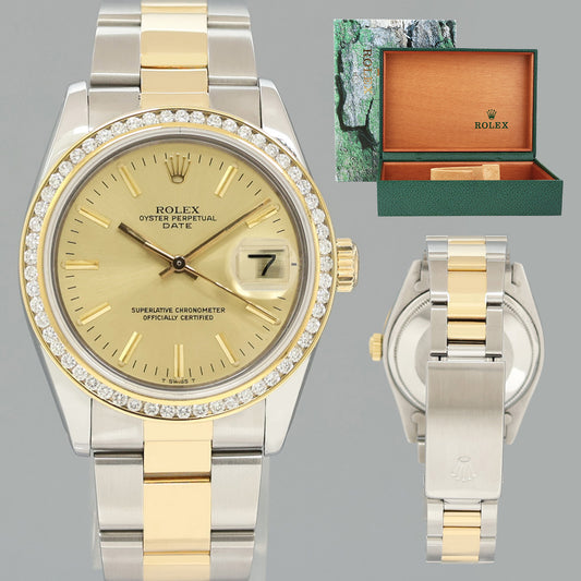 MINT DIAMOND Rolex Oyster Perpetual 1500 Date Two Tone Gold Champagne Oyster Watch