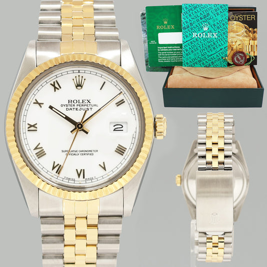 Rolex DateJust 36mm White Roman 16013 Two Tone Yellow Gold Steel Jubilee Watch Box