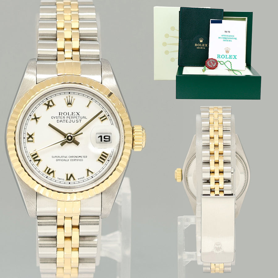 PAPERS MINT Ladies Rolex 26mm DateJust 79173 Two Tone Yellow Gold Jubilee Watch