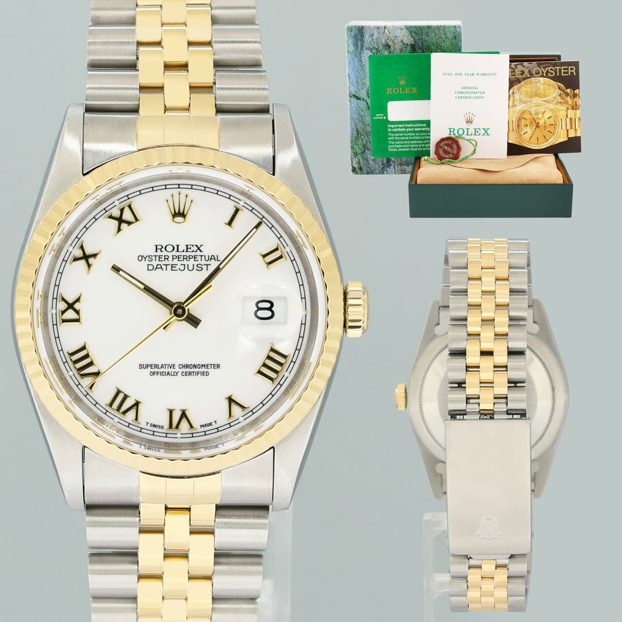 PAPERS MINT Rolex DateJust 36mm White Roman 16233 Two Tone Steel Jubilee Watch Box