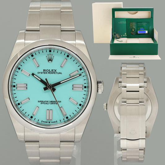 2022 PAPERS Rolex Oyster Perpetual 41mm Blue Custom Dial Tiffany Oyster 124300 Watch