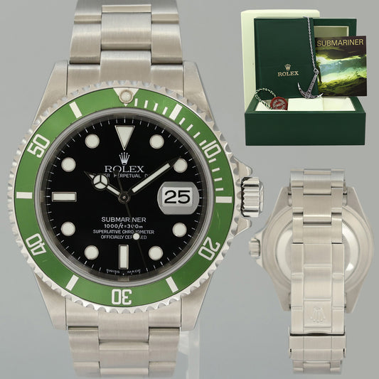MINT Rolex Flat 4 Kermit F Serial 16610LV Green Submariner 40mm Watch Box
