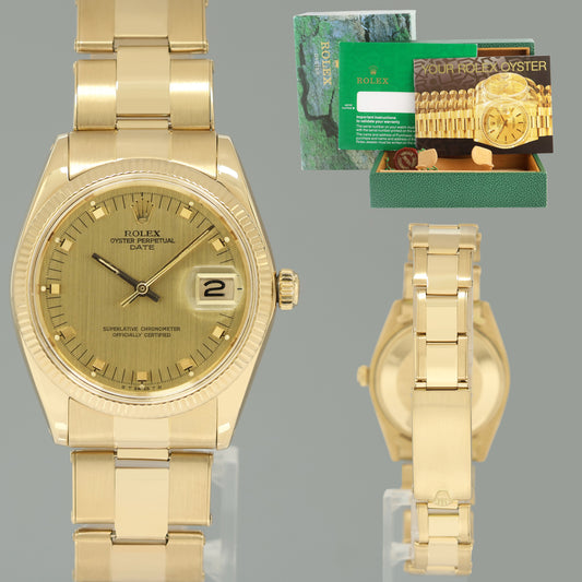Rolex Date 34mm Oyster Perpetual 1503 Yellow Gold Champagne Watch Box