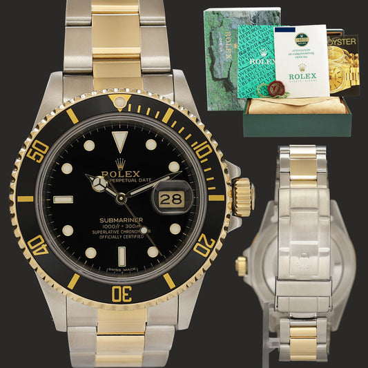 PAPERS Rolex Submariner Date 16803 Two-Tone Yellow Gold Steel Black 40mm Watch Box