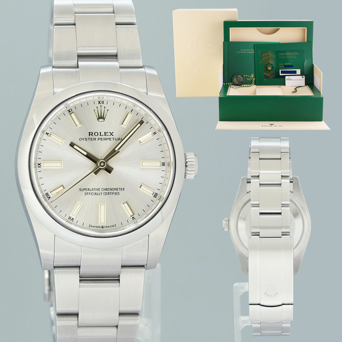 2021 MINT PAPERS Rolex Oyster Perpetual 34mm Silver Oyster Watch 124200 Watch Box