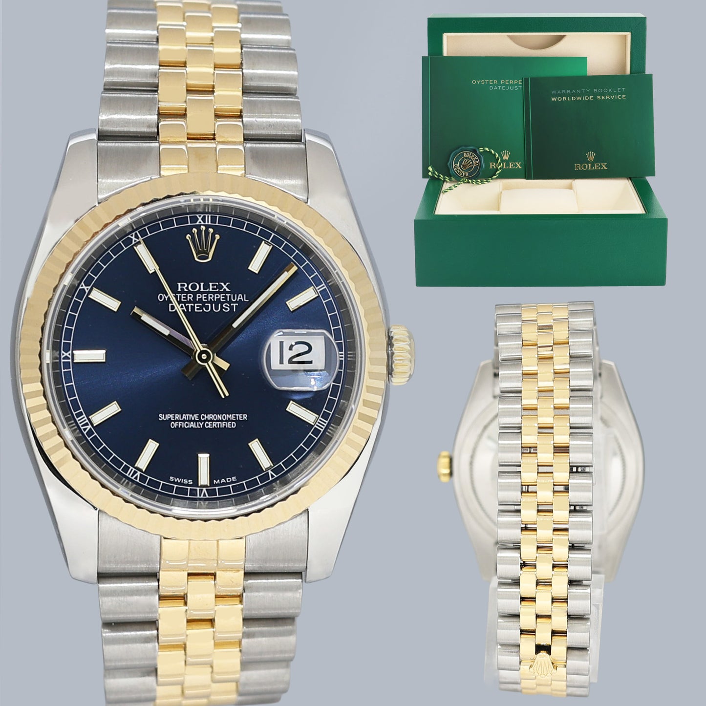 MINT Rolex DateJust Jubilee Two Tone Steel 36mm 116233 Yellow Gold Blue Stick Watch