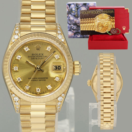 MINT 69238 Champagne Diamond Lug Ladies Rolex DateJust President 26mm Gold Watch