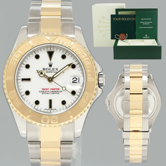MINT Ladies Rolex Yacht-Master 168623 35mm Yellow Gold Two Tone White Watch Box