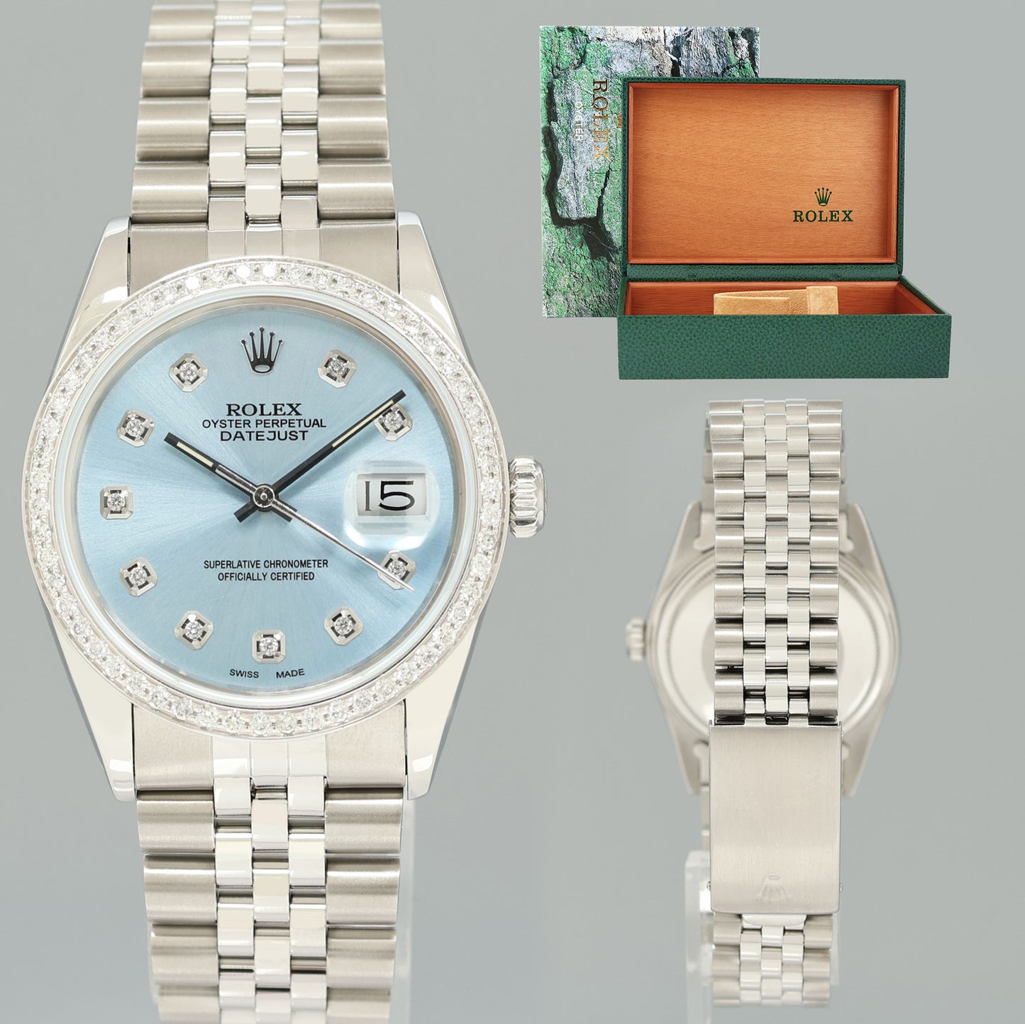 DIAMOND Bezel Rolex DateJust 36mm Glacier Blue Diamond 16030 Steel Watch Box
