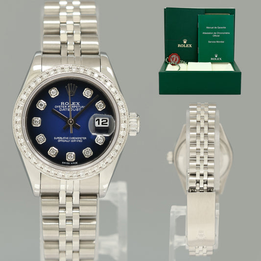 MINT Ladies Rolex 79174 DateJust 26mm Silver Blue Vignette Diamond Bezel Jubilee Watch Box