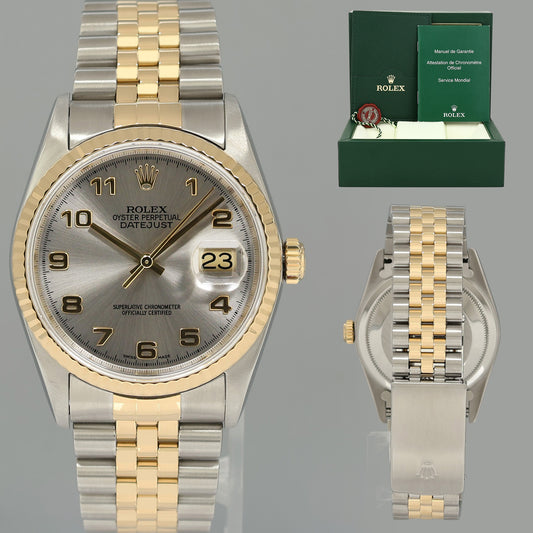 MINT Rolex DateJust 16233 Two Tone Yellow Gold Jubilee Silver Arabic Dial Watch