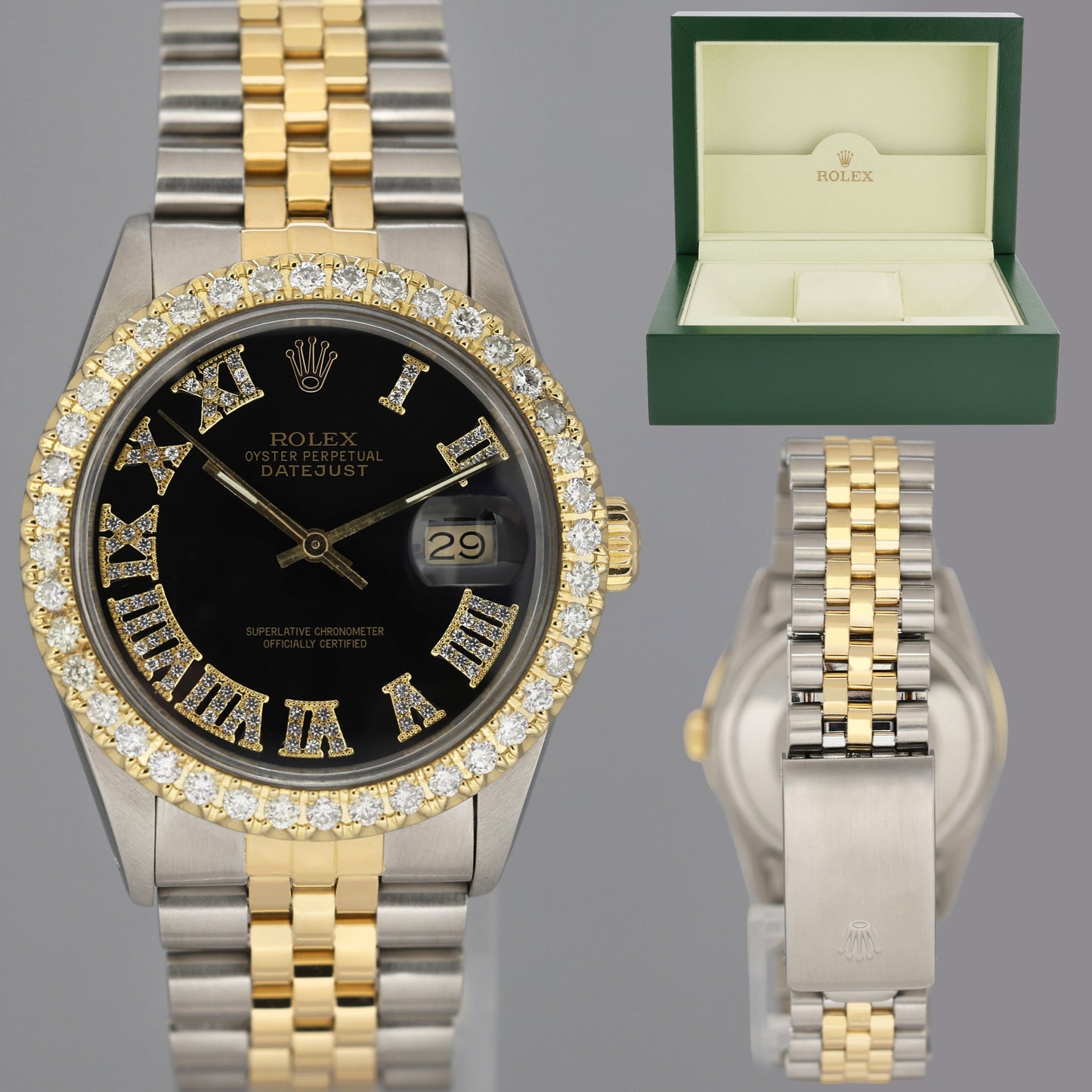 Rolex DateJust 16013 Black Diamond Bezel Two Tone Gold Jubilee Band Watch Box