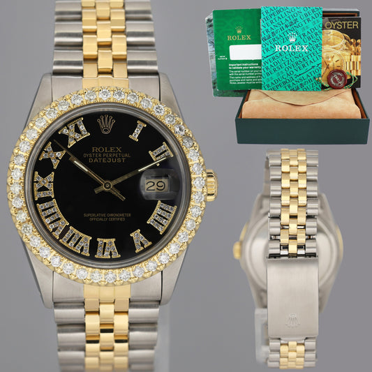 Rolex DateJust 16013 Black Diamond Bezel Two Tone Gold Jubilee Band Watch Box