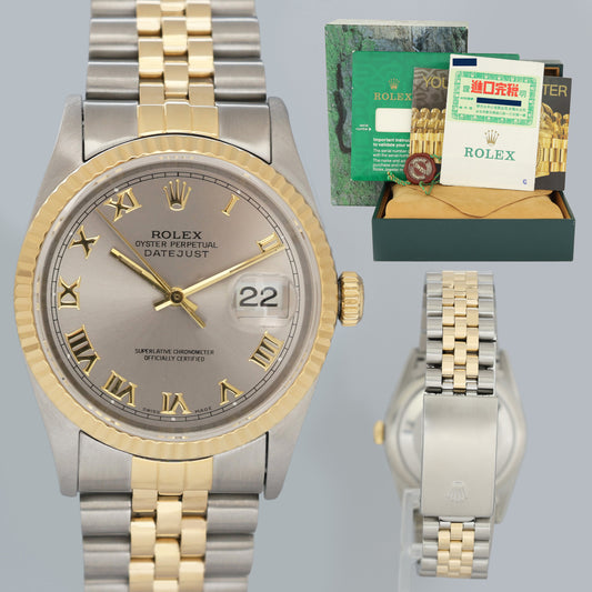 MINT PAPERS Rolex DateJust 16233 Rhodium Roman Jubilee Yellow Gold Two Tone Watch