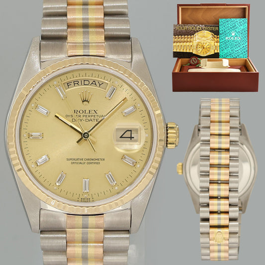 MINT Rolex President Day Date 18129 Champagne Diamond Quick Set Tridor Watch Box