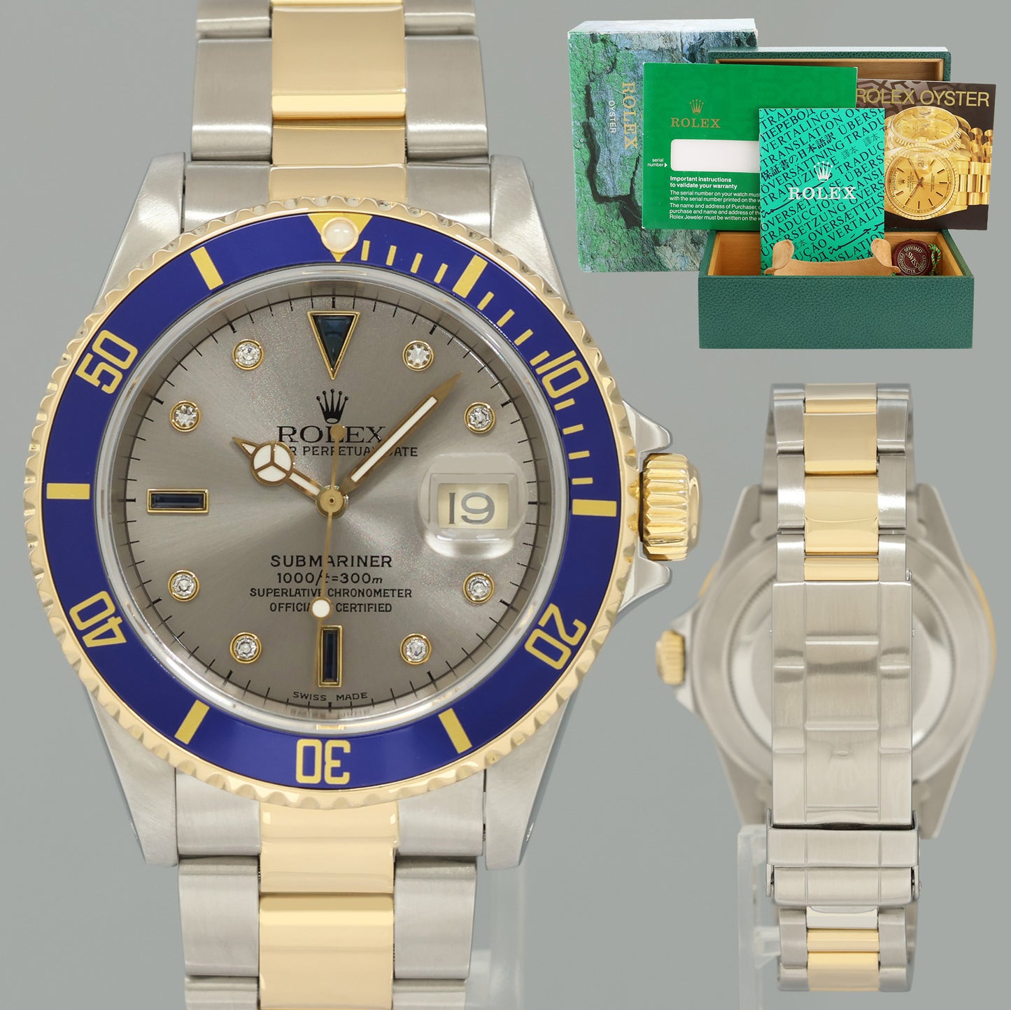 MINT Rolex Submariner 16613 Two Tone Yellow Gold Blue Serti Diamond 40mm Watch Box