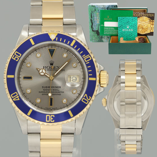 MINT Rolex Submariner 16613 Two Tone Yellow Gold Blue Serti Diamond 40mm Watch Box