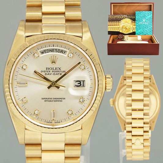MINT Rolex President Day-Date Silver Diamond 18038 Quickset Yellow Gold Watch Box