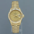MINT Ladies Rolex DateJust Bark Finish President 26mm 69288 Gold Diamond Bezel Watch