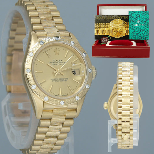 MINT Ladies Rolex DateJust Bark Finish President 26mm 69288 Gold Diamond Bezel Watch