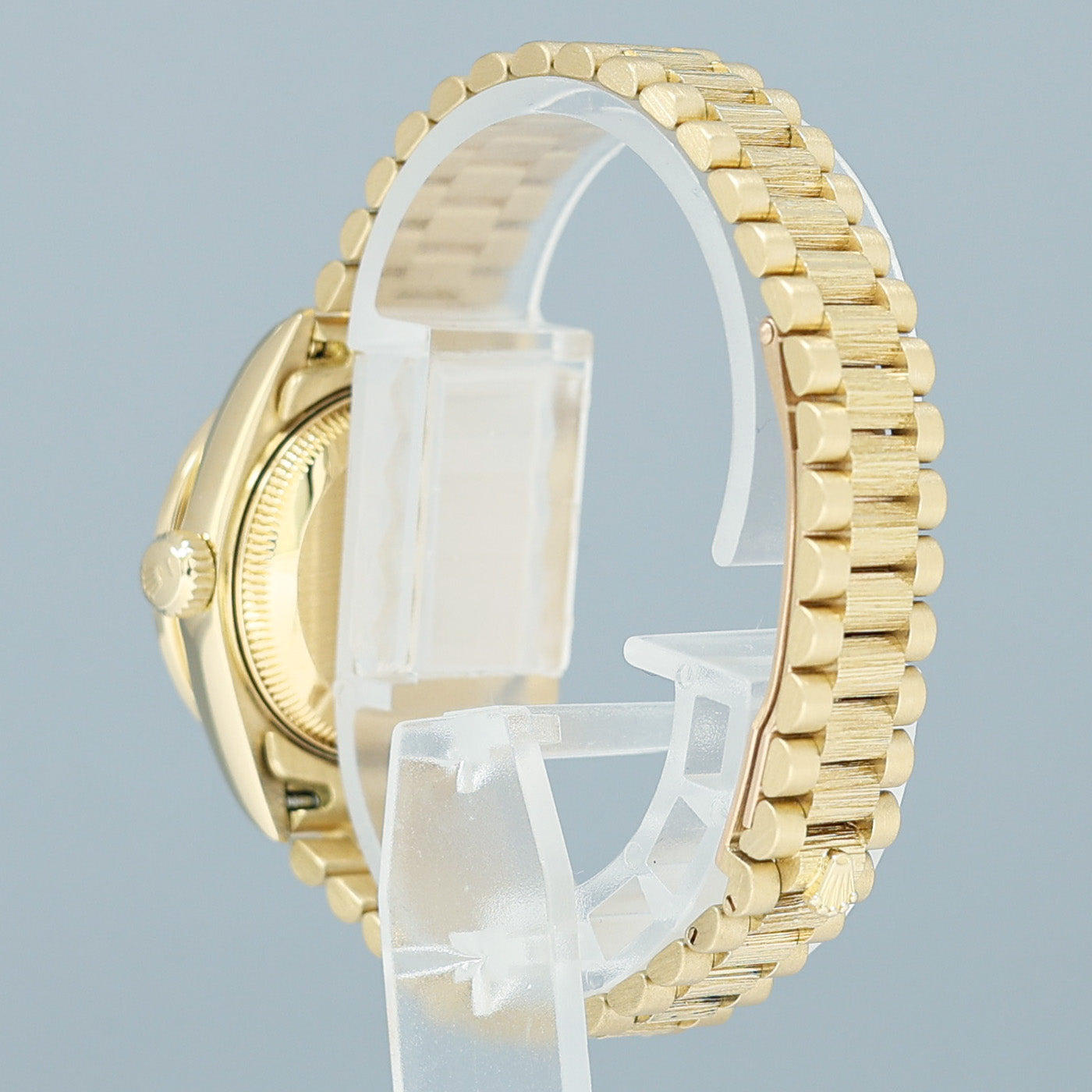 MINT Ladies Rolex DateJust Bark Finish President 26mm 69288 Gold Diamond Bezel Watch