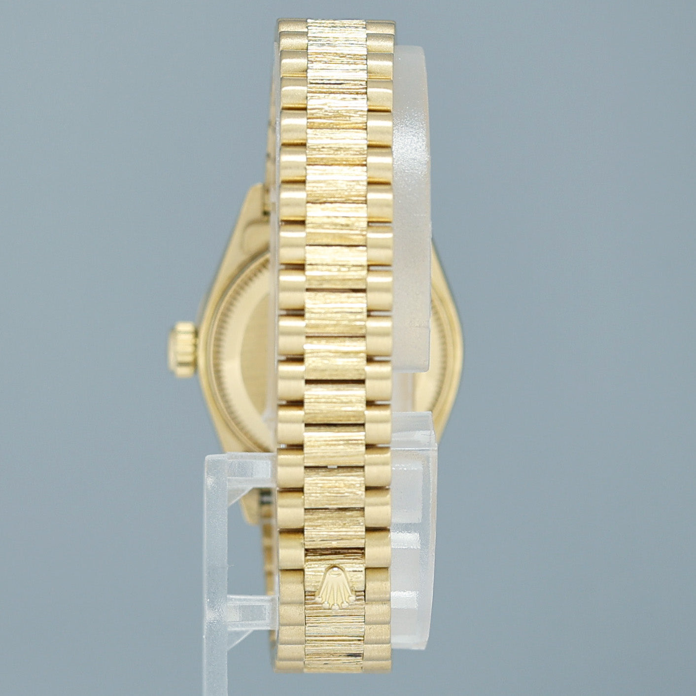 MINT Ladies Rolex DateJust Bark Finish President 26mm 69288 Gold Diamond Bezel Watch