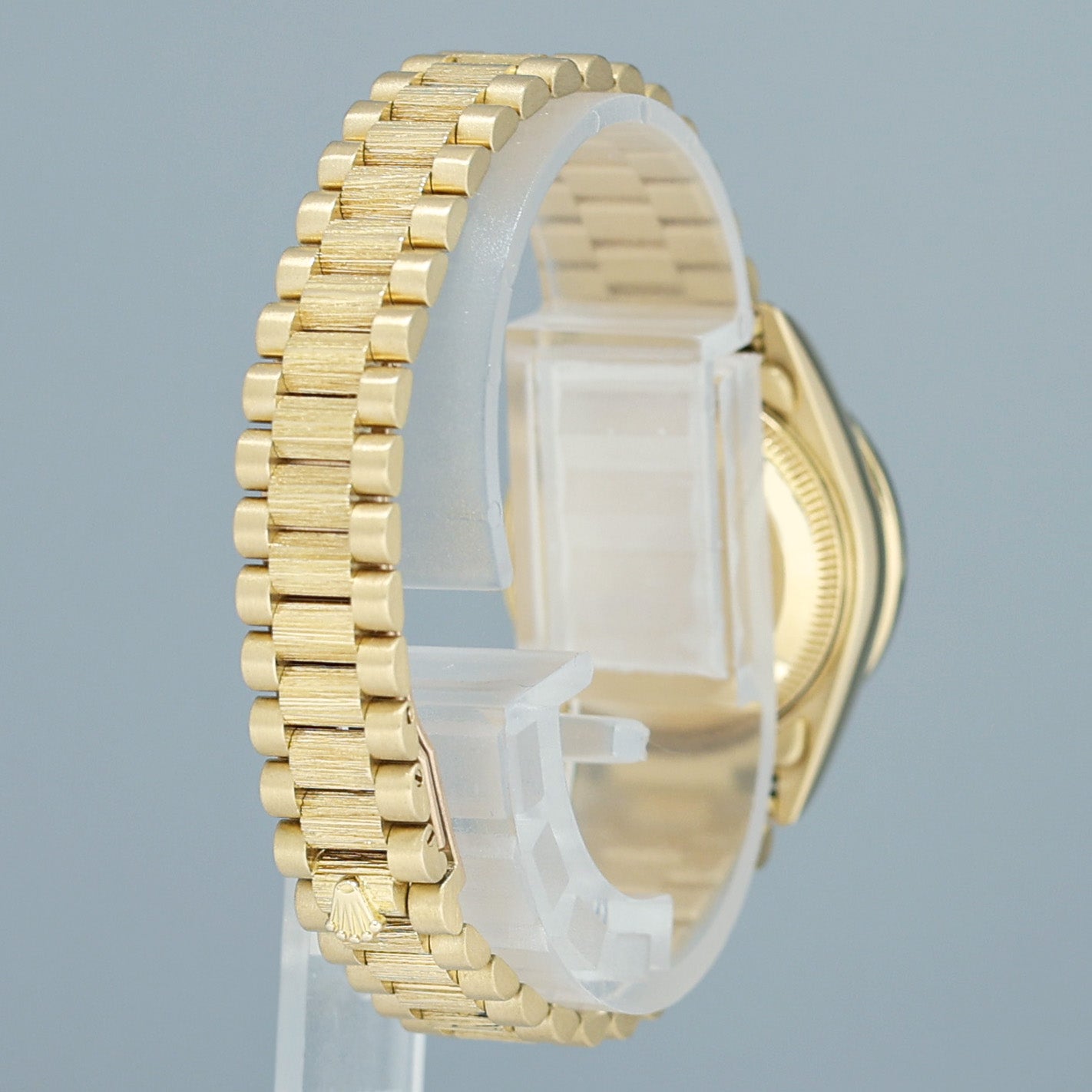 MINT Ladies Rolex DateJust Bark Finish President 26mm 69288 Gold Diamond Bezel Watch