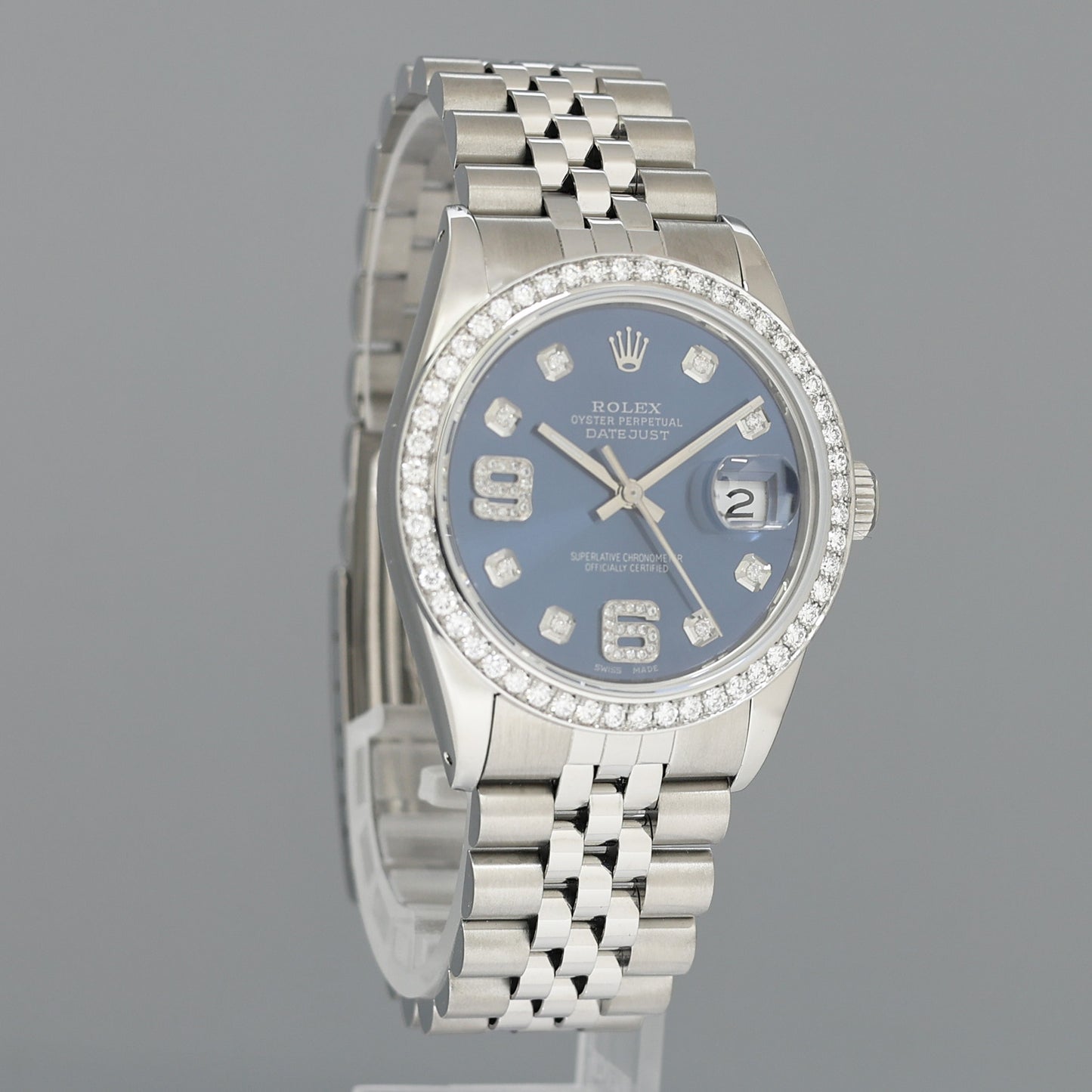 DIAMOND Bezel Rolex DateJust 36mm Blue 16030 Steel Watch Box