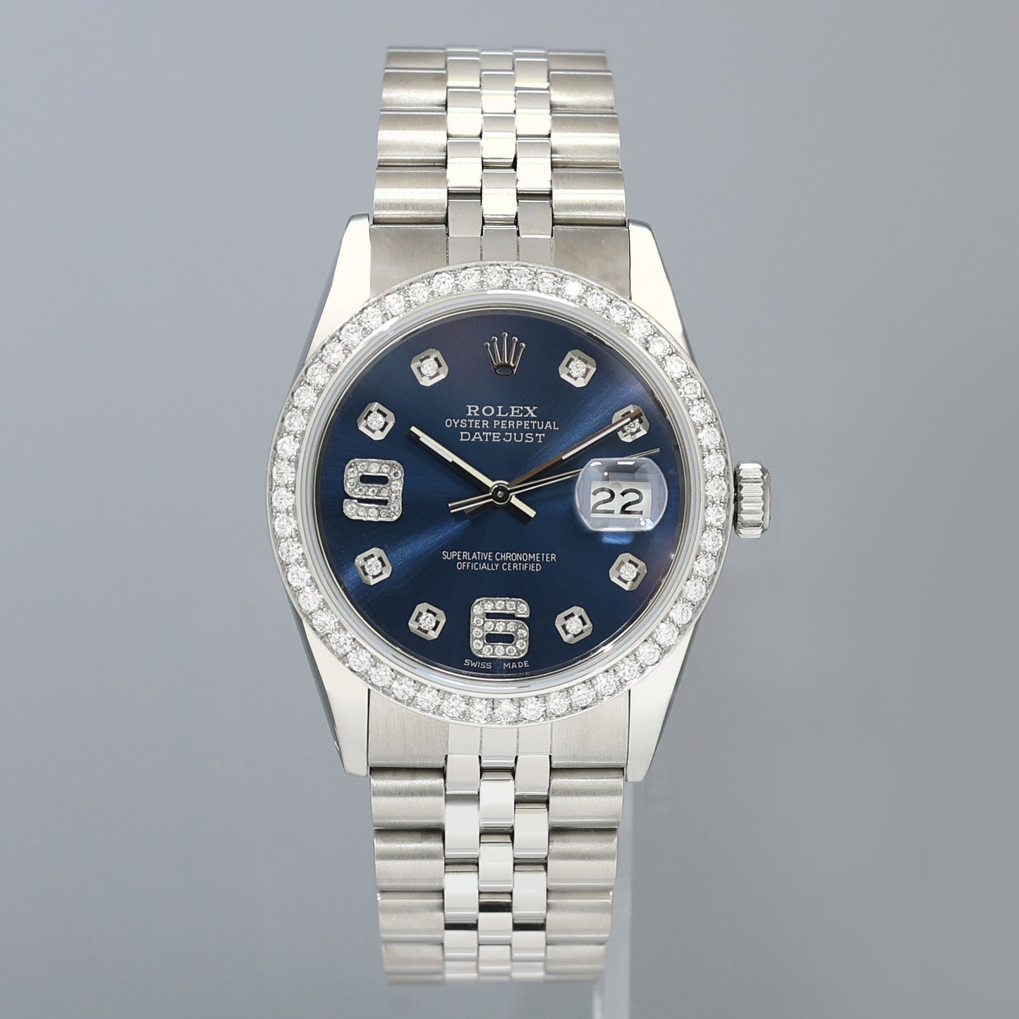 DIAMOND Bezel Rolex DateJust 36mm Blue 16030 Steel Watch Box