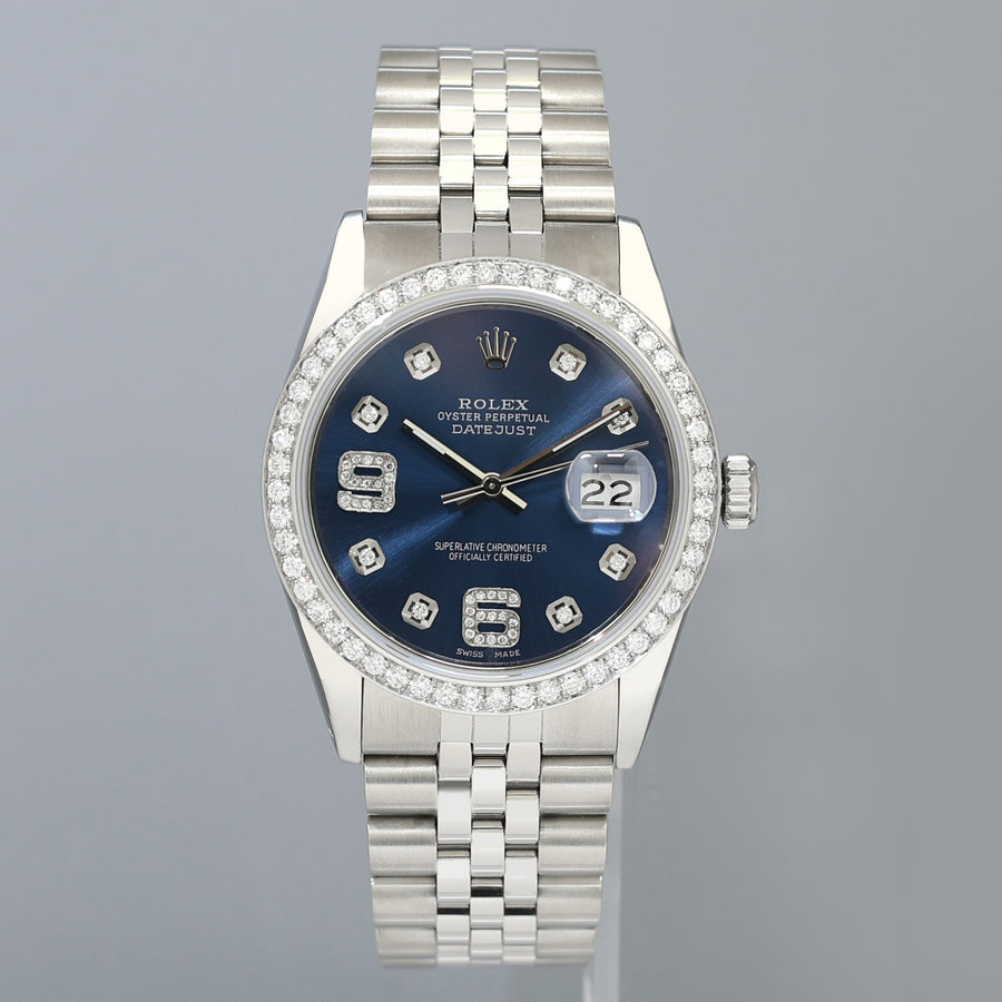 DIAMOND Bezel Rolex DateJust 36mm Blue 16030 Steel Watch Box