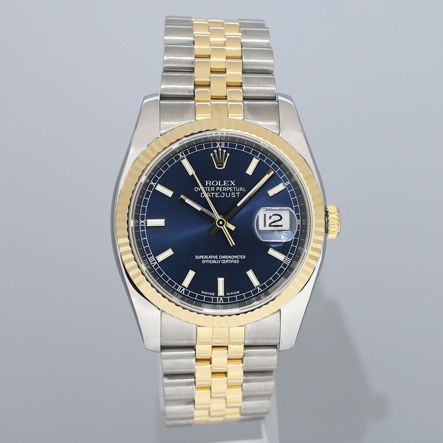 MINT Rolex DateJust Jubilee Two Tone Steel 36mm 116233 Yellow Gold Blue Stick Watch