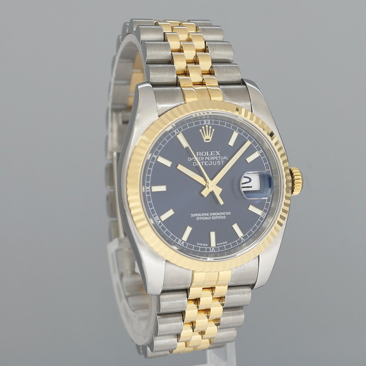 MINT Rolex DateJust Jubilee Two Tone Steel 36mm 116233 Yellow Gold Blue Stick Watch