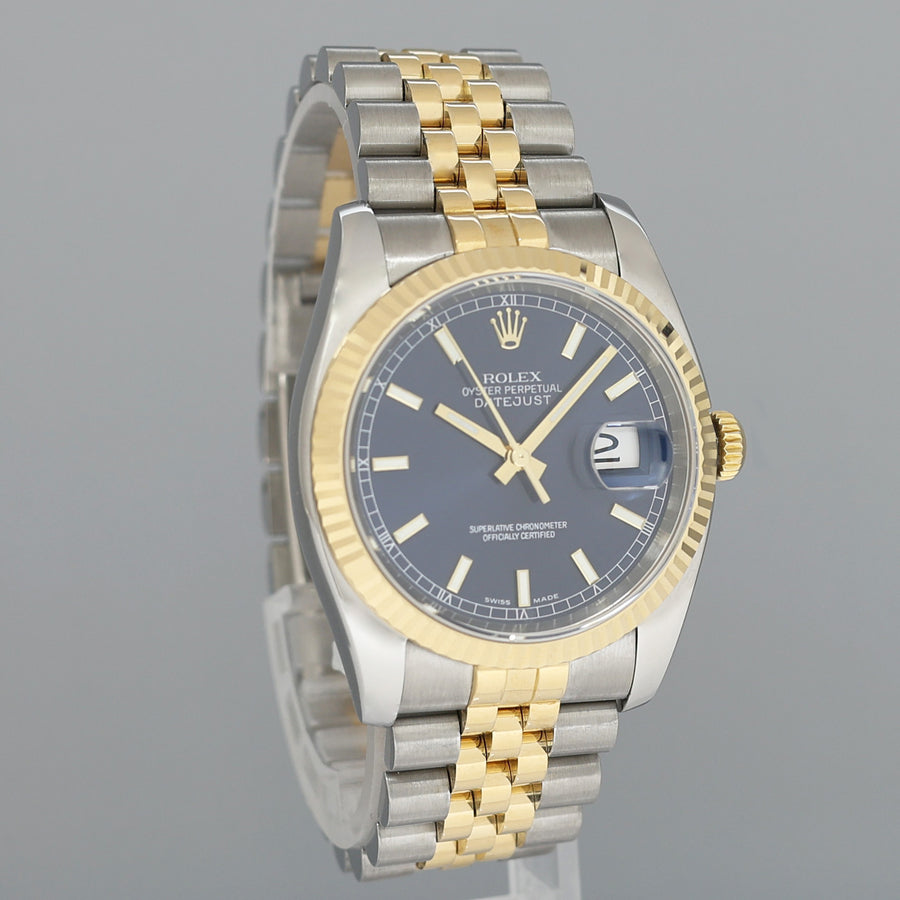 MINT Rolex DateJust Jubilee Two Tone Steel 36mm 116233 Yellow Gold Blue Stick Watch