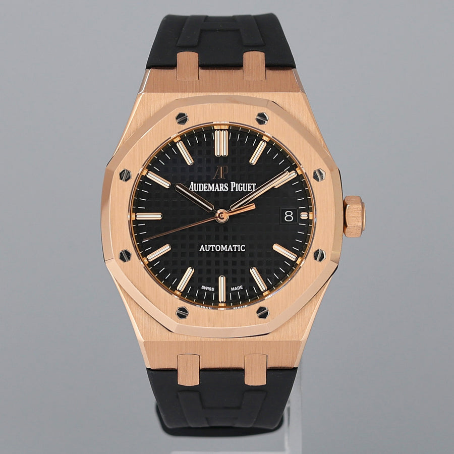 MINT Audemars Piguet Royal Oak 37mm Steel 15450or Rose Gold Black Dial Rubber Watch