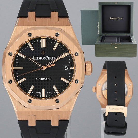 MINT Audemars Piguet Royal Oak 37mm Steel 15450or Rose Gold Black Dial Rubber Watch