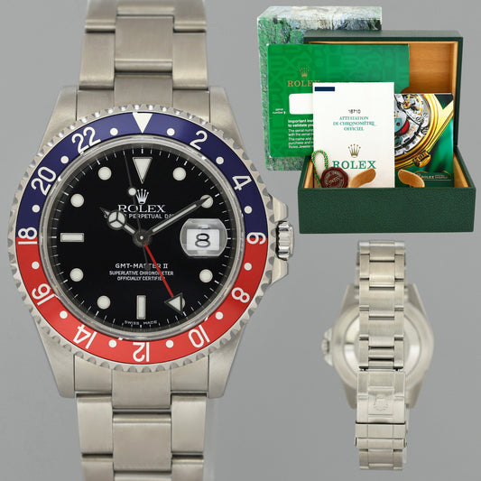 2000 MINT PAPERS Rolex GMT-Master II 2 Pepsi Blue Red Steel 16710BLRO 40mm Watch