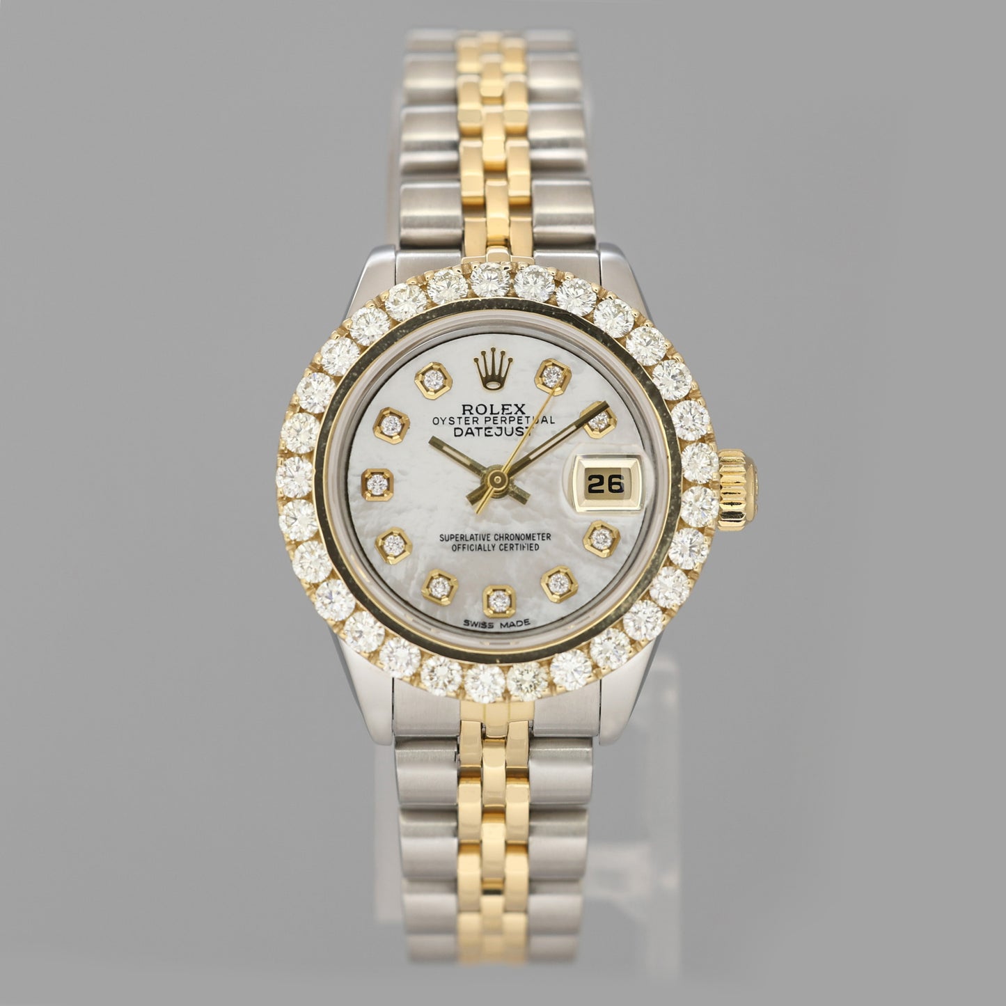 Diamond Ladies Rolex DateJust 26mm 79173 Two Tone 18k Gold Steel Mother of Pearl Watch