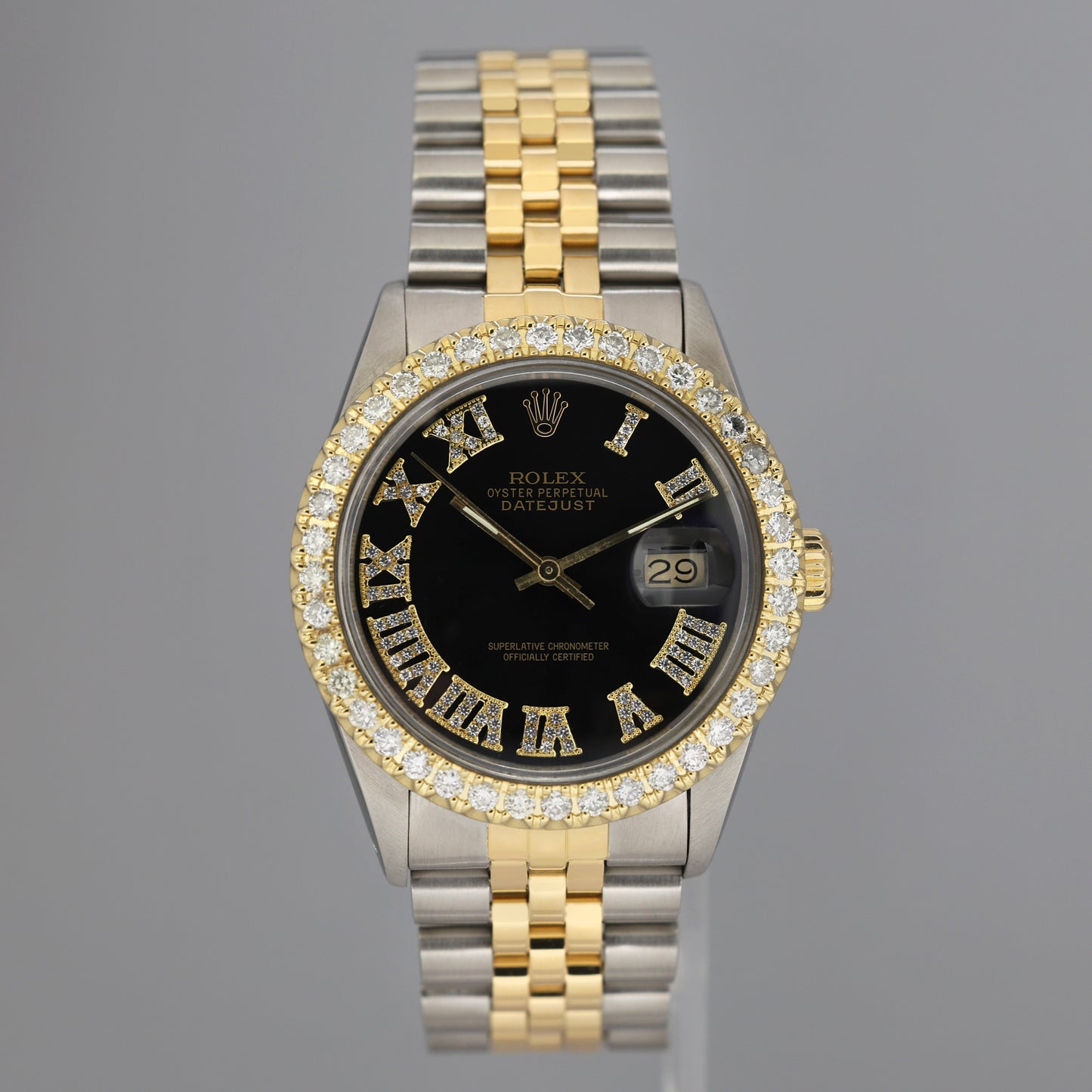 Rolex DateJust 16013 Black Diamond Bezel Two Tone Gold Jubilee Band Watch Box