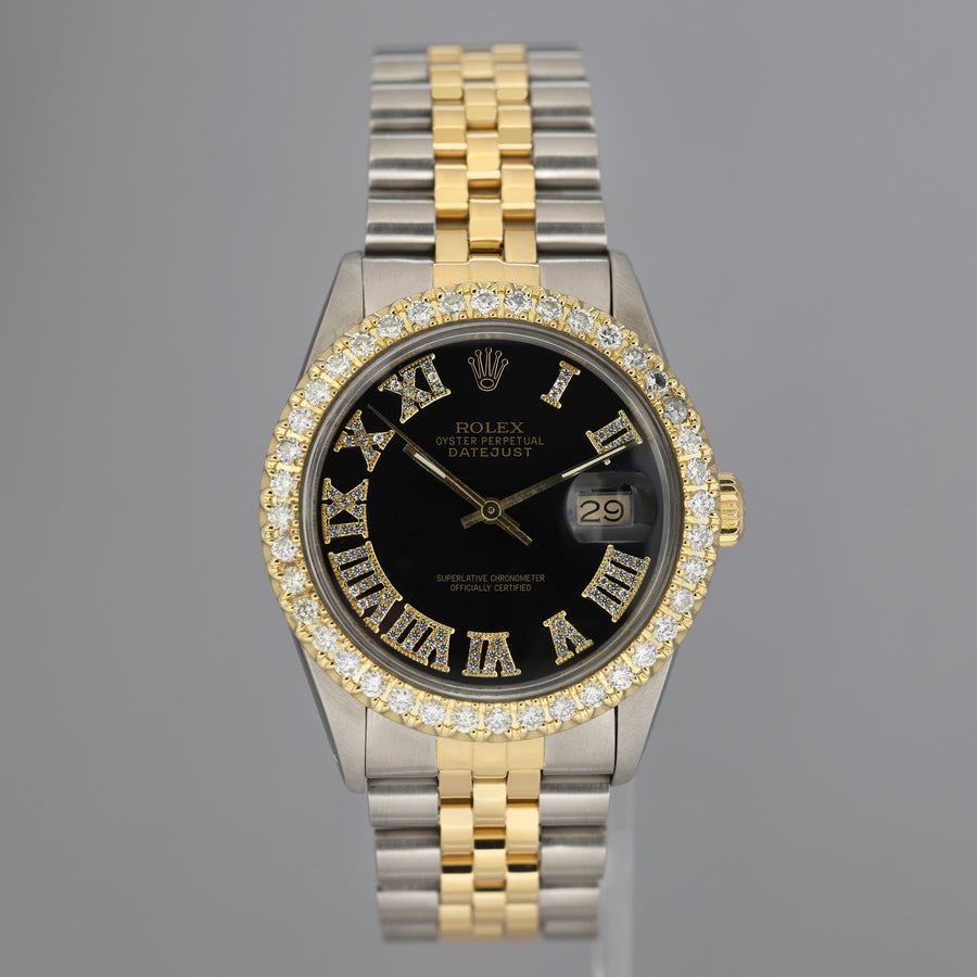 Rolex DateJust 16013 Black Diamond Bezel Two Tone Gold Jubilee Band Watch Box