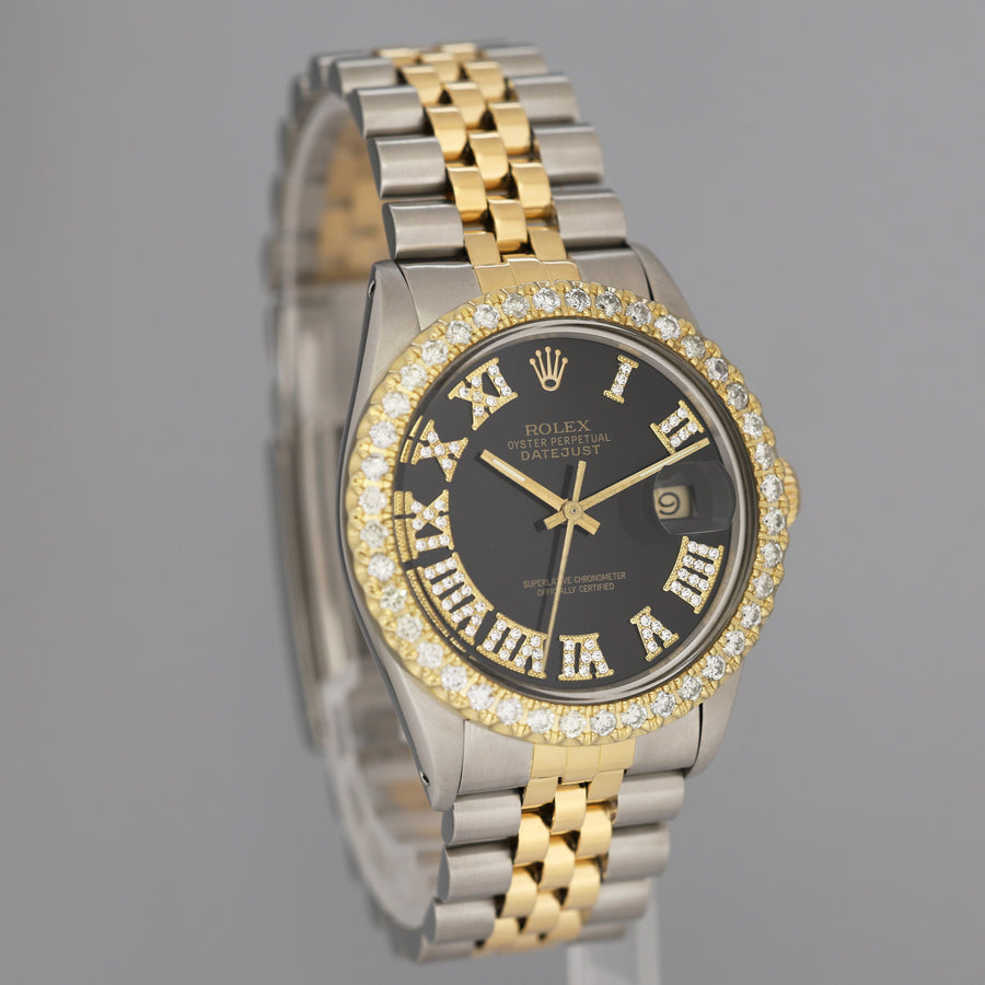 Rolex DateJust 16013 Black Diamond Bezel Two Tone Gold Jubilee Band Watch Box