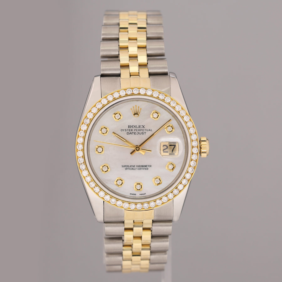 PAPERS DIAMOND BEZEL Rolex DateJust 16013 Two-Tone MOP Yellow Gold Jubilee Watch