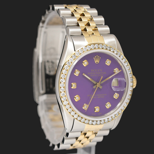 Rolex DateJust 16013 Purple Diamond Bezel Two Tone Yellow Gold Jubilee Band Watch Box