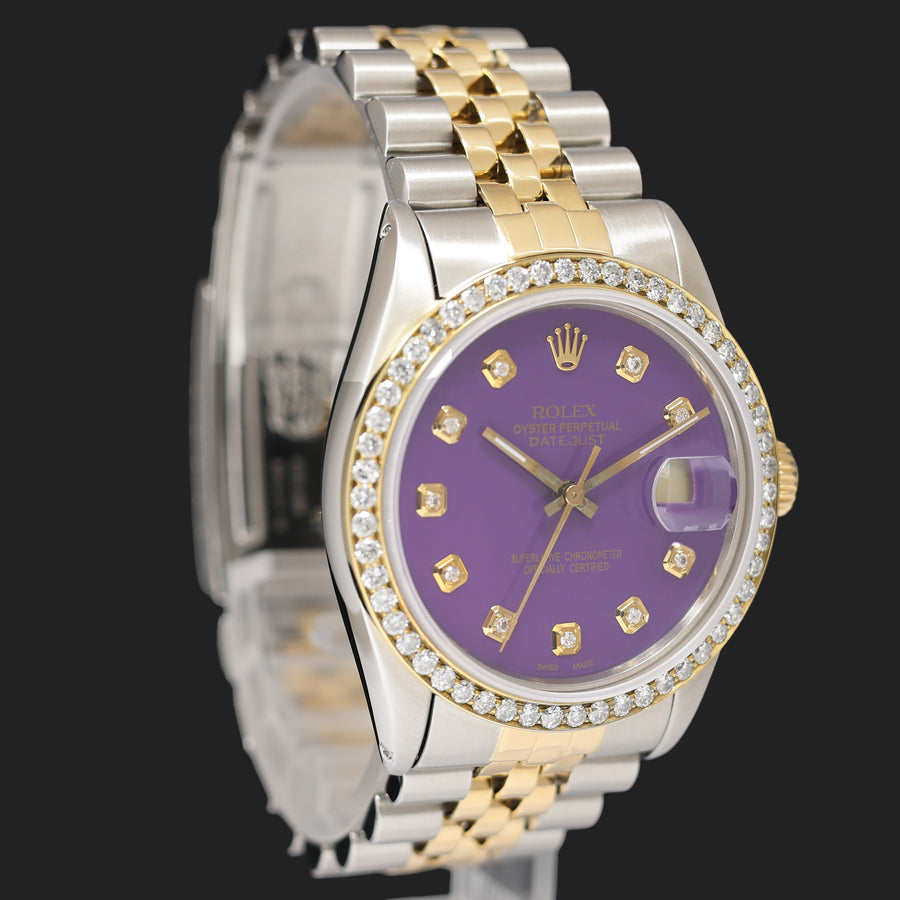 Rolex DateJust 16013 Purple Diamond Bezel Two Tone Yellow Gold Jubilee Band Watch Box
